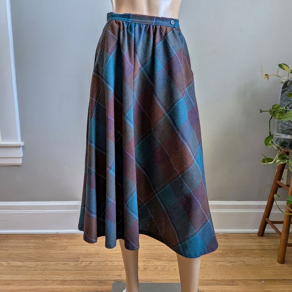 Vintage 90s Avon Fashions Plaid Wool Blend Midi Skirt Dark Academia Preppy 7/8 - Picture 2 of 6